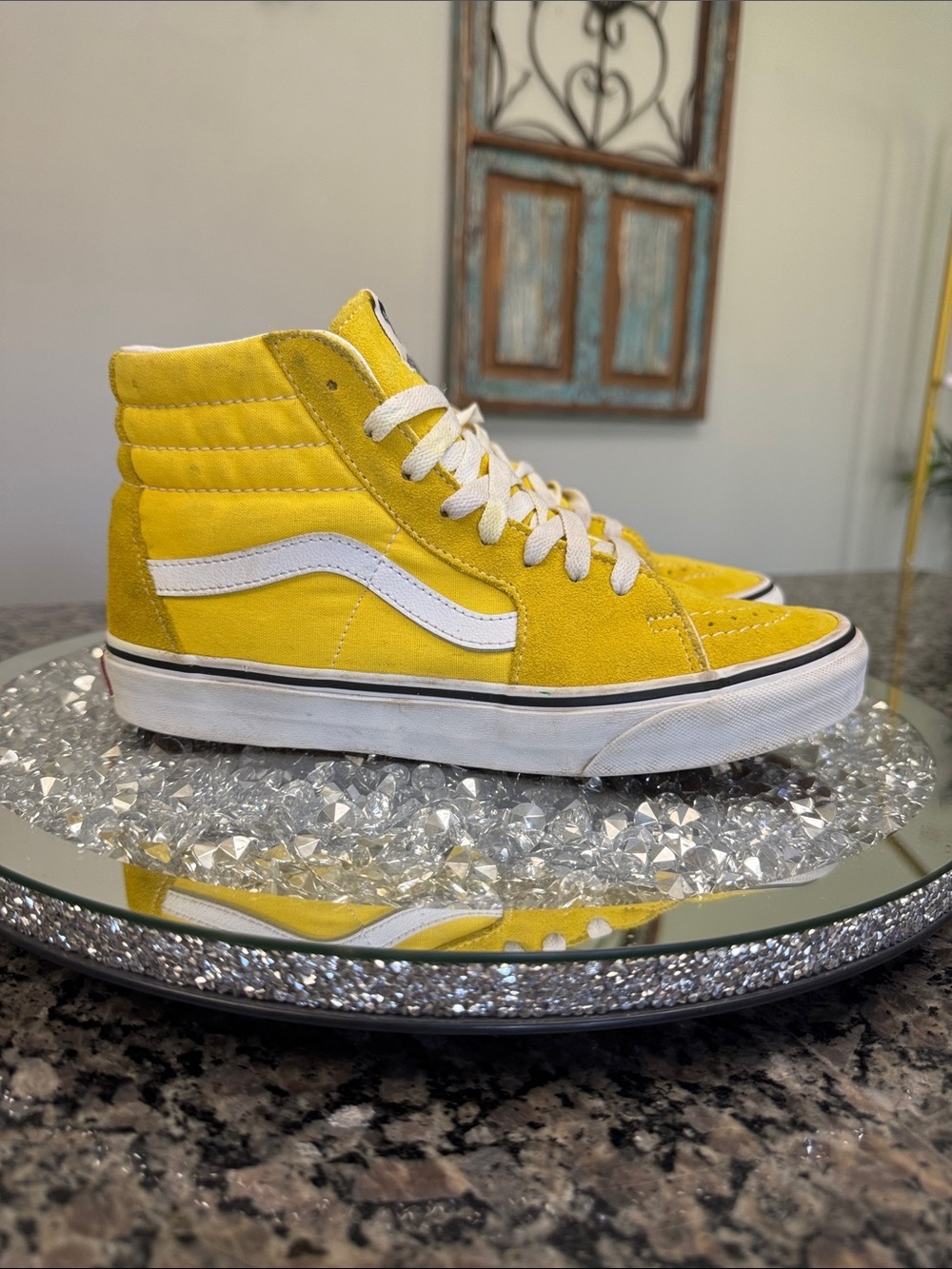 Vans Yellow High-Top Sneakers with White Side Stripe EUC 8.5